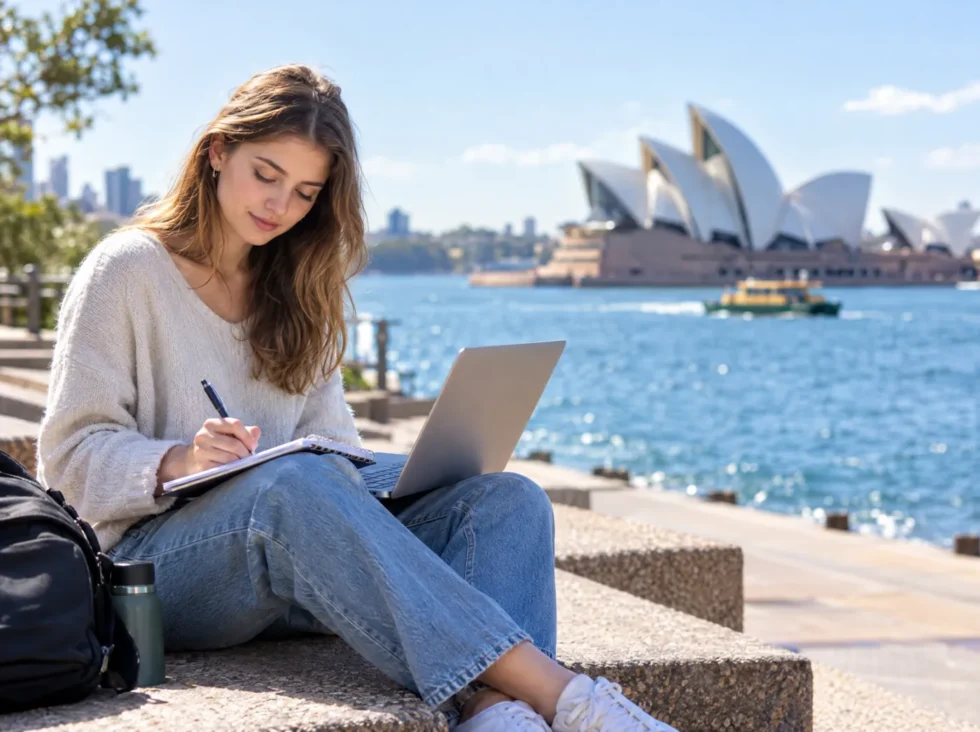 International student studying by Sydney Harbour with the Sydney Opera House in the background International student studying by Sydney Harbour with the Sydney Opera House in the background
