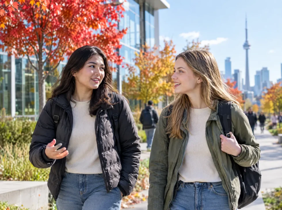 Two international students walking past a modern campus-style building in Toronto in autumn Two international students walking past a modern campus-style building in Toronto in autumn