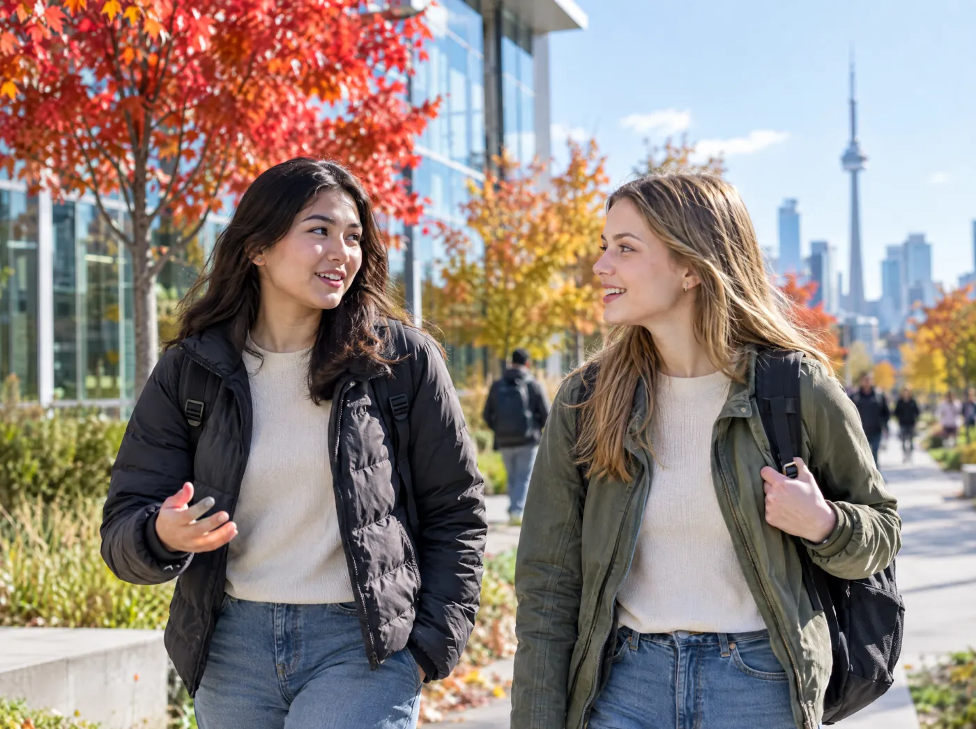 Two international students walking past a modern campus-style building in Toronto in autumn