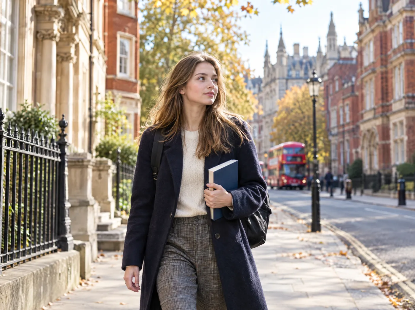 International student walking along a historic London street in autumn