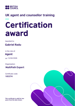 British Council UK agent and counsellor training certification award held by a MultiPath counsellor