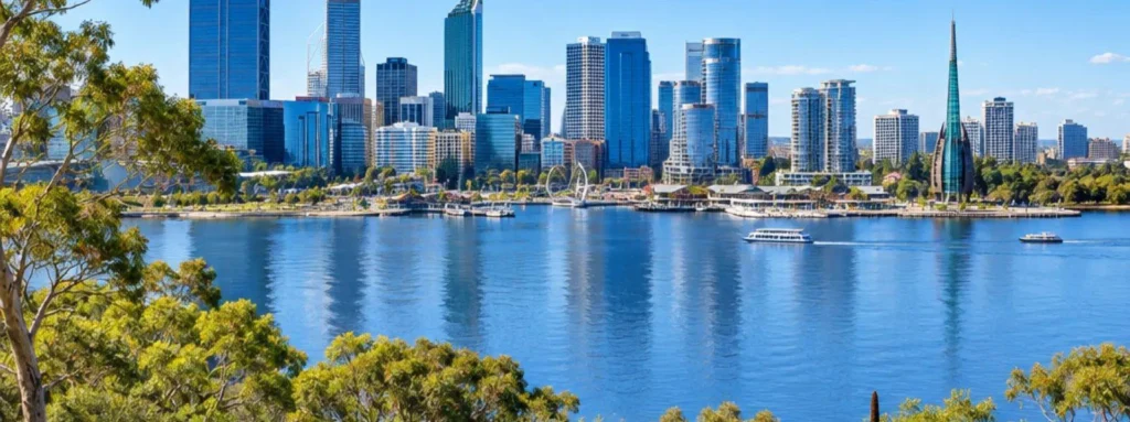 Illustration: Perth city and the Swan River (not a photograph).