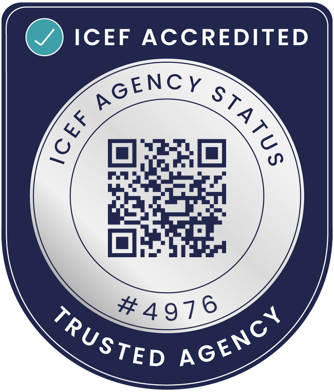ICEF Accredited Agency badge, ICEF Agency Status number 4976