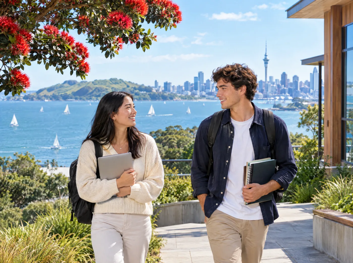 Two international students walking on a campus terrace above Auckland Harbour, with a pohutukawa tree and the Sky Tower in the distance Two international students walking on a campus terrace above Auckland Harbour, with a pohutukawa tree and the Sky Tower in the distance