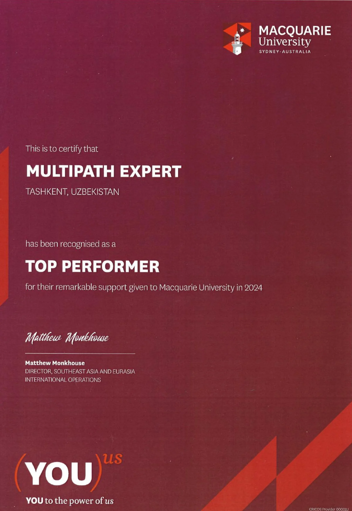 Macquarie University Top Performer 2024 recognition certificate awarded to MultiPath Expert Macquarie University Top Performer 2024 recognition certificate awarded to MultiPath Expert